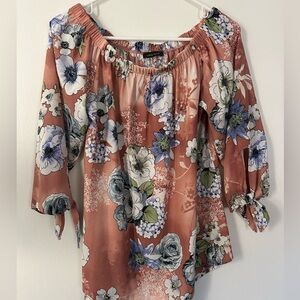White Birch Floral Off-Shoulder Blouse - Pink and Blue Size Large 3/4 Sleeve